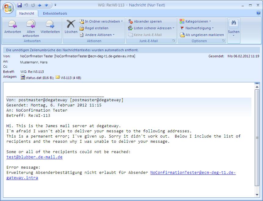 Überblick zu Versandarten bei De- Mail Abbildung 1: Fehlermeldung bei nicht erlaubter Absenderbestätigung Bitte wenden Sie sich für weitere