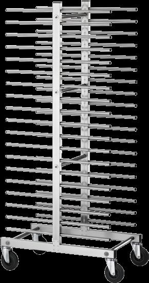 Entièrement en acier inoxidable. Roues pivotantes. Pour 20 plaques. Komplett aus rostfreiem Stahl. Leichtlaufende Rollen. Für 20 Backformen.