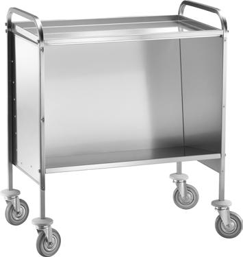 Bottom shelf and panelling in stainless steel. Swivelling wheels. Capacity 200 plates approx. CHARIOTS PORTE-ASSIETTES. Châssis porteur en tube d acier inox. Porte-assiettes et panneaux en acier inox.
