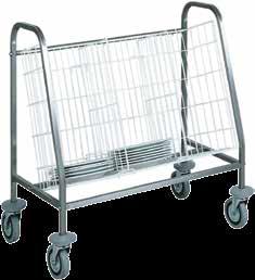 Trays, dishes, cups stacking and distribution trolleys. Stainless steel framework. Detachable basket in plastic coated steel wire. Full swivelling castors Ø mm 120. Bumpers.