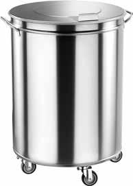 Wheeled refuse bin with stainless steel cylindrical-shaped bin, complete with moulded lid and castors. Pedal-controlled model also available, watertight bottom.