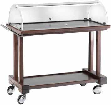 Wooden service trolley. Multilayer birchwood wenge colour monobloc sides frames. Laminated acid-proof shelves with surrounding solid wood frame. Multidirectional wheels. Plexiglass cover.