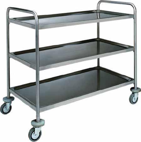 Extra thick tubolar stainless steel structure Ø 25. Tray - shape moulded shelves. Rounded edges. Anti-noise satined finish. Multidirectional wheels. Rubber buffer. Total capacity 100 Kg.