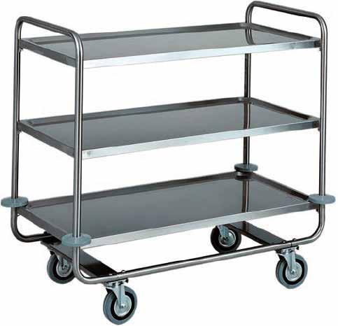 Extra thick tubolar stainless steel structure Ø 25. Tray - shape moulded shelves. Rounded edges. Anti-noise satined finish. Multidirectional wheels. Rubber buffer. Total capacity 150 Kg.