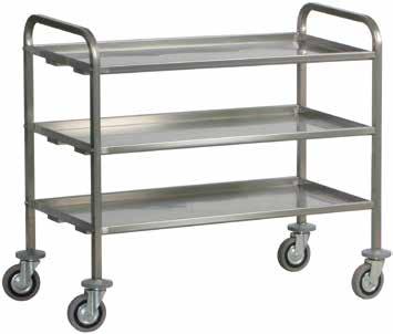 Stainless steel folded, anti-noise and satined shelves with reinforcements. Multidirectional wheels. Rubber buffer. Total capacity 200 Kg. Structure en acier inoxidable.