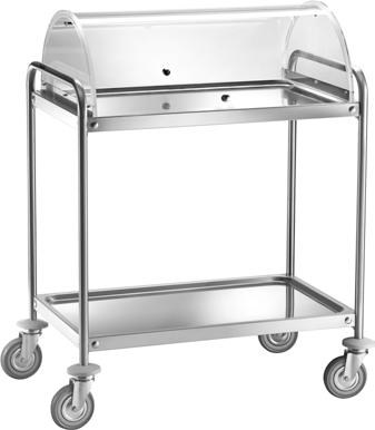 The trolley pictured includes accessories A100 plate holder and A200 cutlery tray (optional). Cloche en plexiglas semi-circulaire à couvercles rentrants.