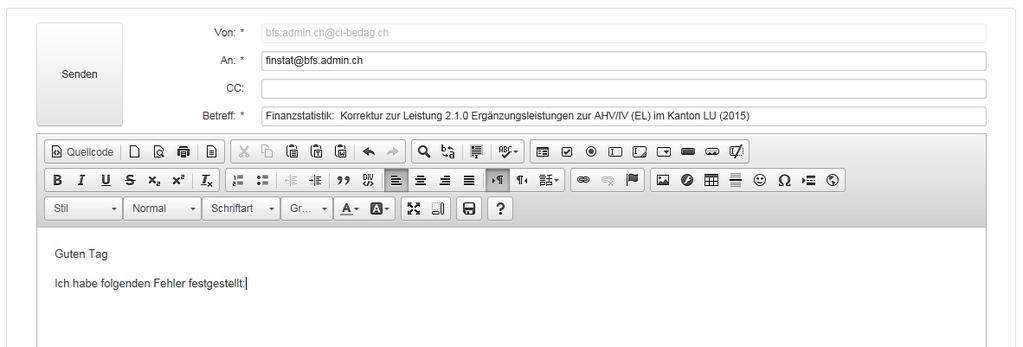 Abbildung 37: Texteditor zum Melden eines Fehlers Mit einem Klick auf Zurück unten links gelangen Sie