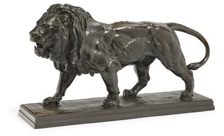 143 143 Lion qui marche Antoine Louis Barye (1795 Paris 1875 ebenda) Schreitender Löwe. Bronze, grünlich patiniert. Rechteckige Sockelplatte. Links oben auf der Sockelplatte signiert.