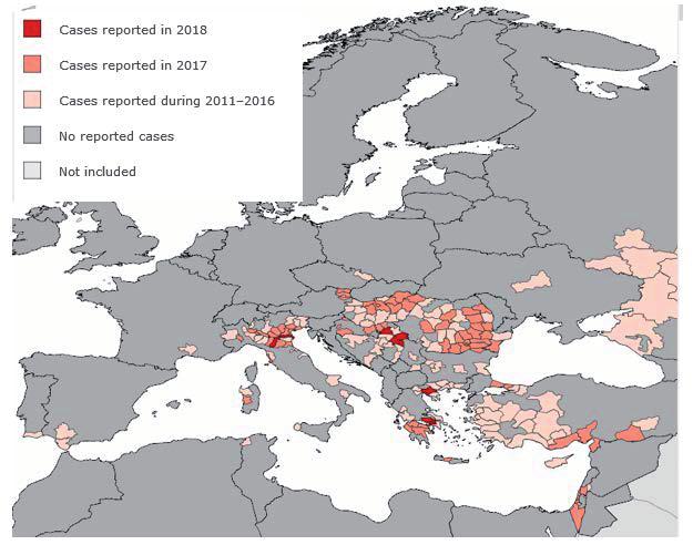 Abbildung : Gebiete mit West Nil Virus Fällen in Europa in der aktuellen