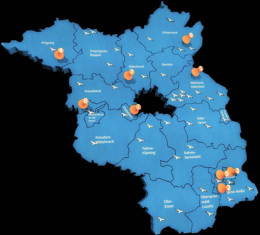Besucherzentren Der NABU Brandenburg ist landesweit vor Ort vertreten. Jeder Storch stellt eine NABU-Gruppe dar. Die Besucherzentren sind nummeriert.
