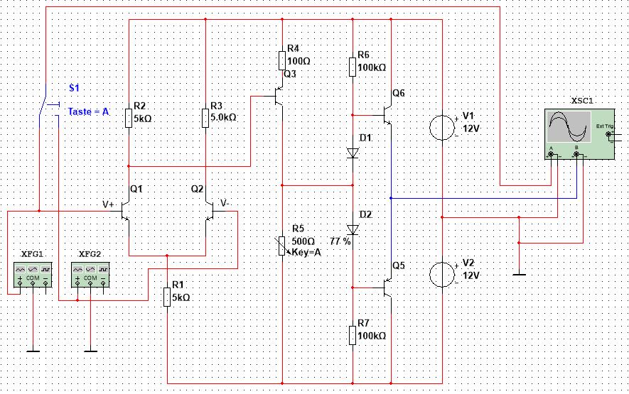 In dieser Schaltung gelangt die Spannung vom Kollektor des Transistors Q1 zu dem PNP-Transistor Q3, welcher in Emitterschaltung arbeitet.