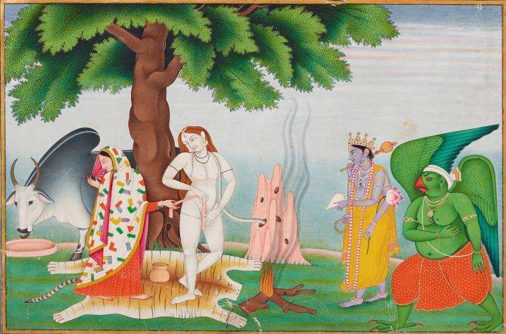 Shiva und Parvati erhalten Besuch von Vishnu und Garuda.