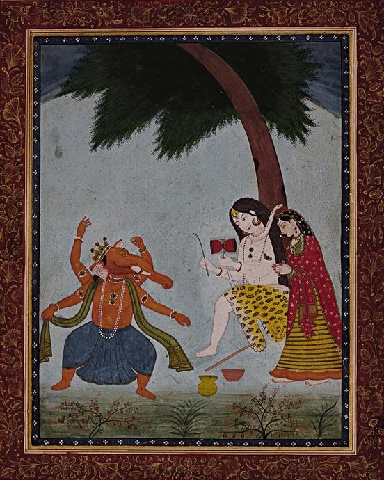 Shiva und Parvati mit Familie beim Rasten.
