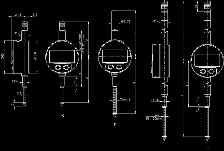 Messuhren S_Dial S229 MASSZEICHNUNG S = Standard P = Geschützt TECHNISCHE DATEN Nulleinstellung Messwert-Speicher HOLD 2 Referenzen Preset Umkehrung der Messrichtung Min / Max / Delta Speicher Preset