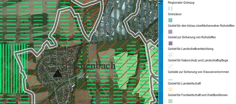 Quelle: LUBW Kartendienst, Plangebiet rot markiert Die Raumnutzungskarte des Regionalplans zeigt, dass das Plangebiet im Westen an ein Gebiet für Naturschutz und Landschaftspflege sowie