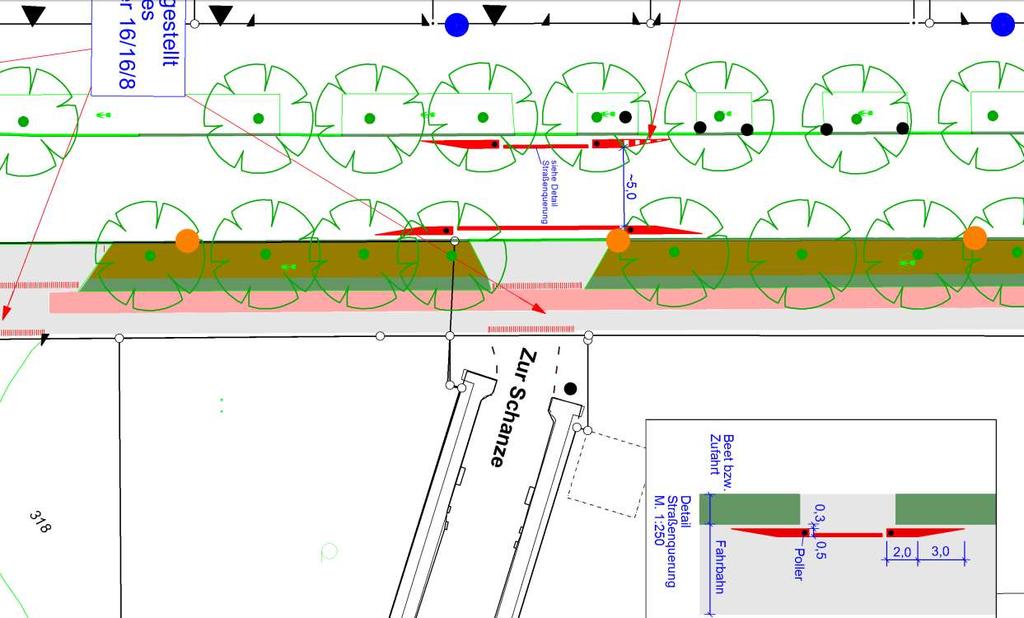 Überarbeitete Planung Fahrbahneinengungen als Querungshilfe :