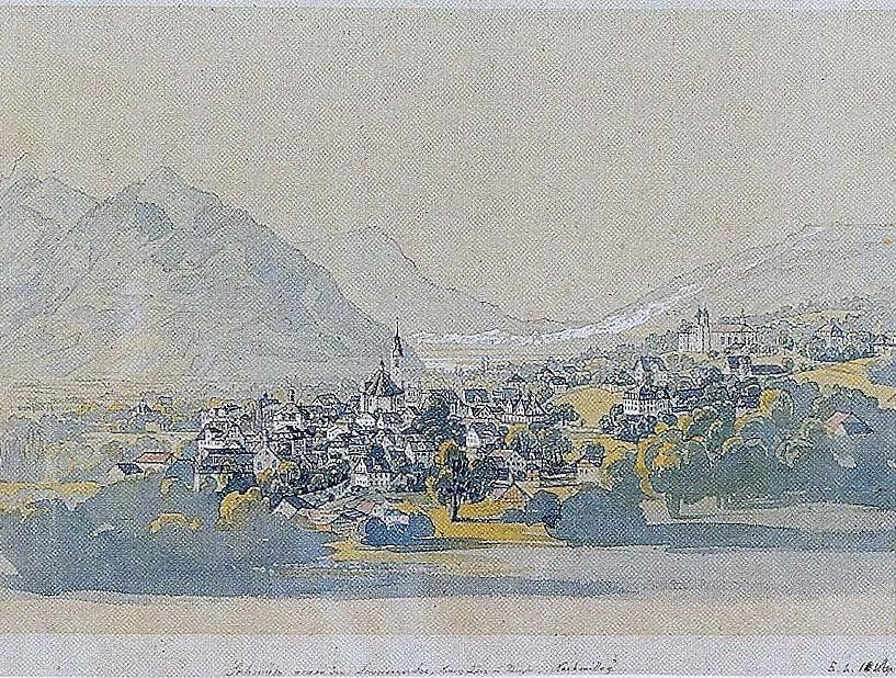 Werkverzeichnis Bild-Nr. 412 -Nr. Bildtitel Schwyz gegen den Lowerzersee, Bergsturz und Rigi, 1846 Aquarellierte Bleistiftzeichnung Signaturen E.L. 1846 Masse Quelle gerahmt 20,0 x 29,5 cm Auktionshaus Widmer St.