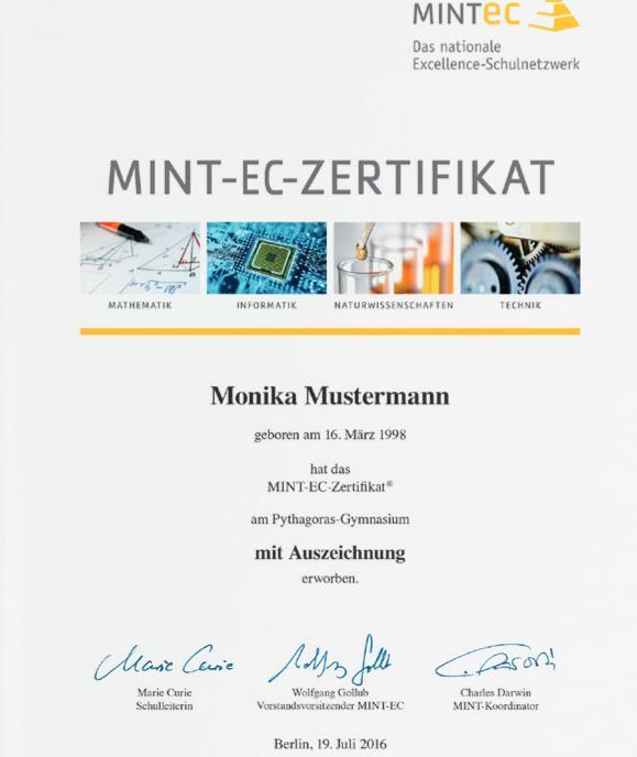 MINT-EC Zertifikat Das MINT-EC-Zertifikat wird als Auszeichnung an Abiturientinnen und Abiturienten verliehen, die sich über ihre gesamte Schullaufbahn hinweg über den Unterricht hinaus im