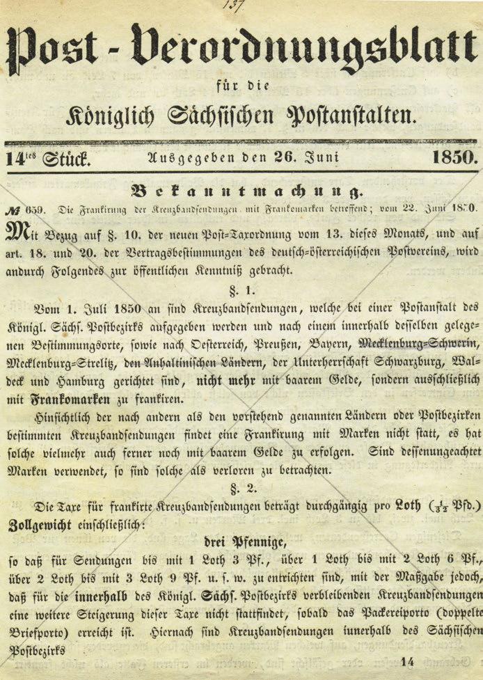 20 Sachsen, 3 Pfennige rot Erlass aus dem Postverordnungsblatt für die Königlich Sächsischen Postanstalten vom 26. 6.1850 mit Ankündigung der ersten sächsischen Freimarke.