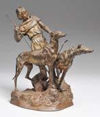 610 Marquet, René Paul (1875 Port-Louis - 1939 Paris?) Bronze, patiniert. Auf Naturplinthe junger Mann, Page, mit Speer in der Rechten u. 2 Greyhounds führend.