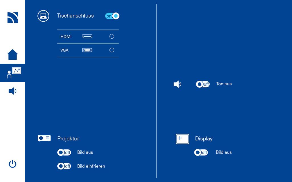 Präsentation Wenn Sie die den Projektor kurzzeitig nicht benötigen, können Sie über die beiden Schalter ON/OFF im Bereich Projektor das Signal deaktivieren oder einfrieren.