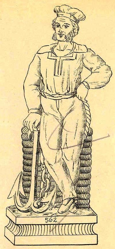 Zeit um 1885, Musterbuch Josef Riedel, Polaun, Motiv: Matrose mit einem Anker an einen korb- oder fass-ähnlichen Behälter gelehnt, der Behälter ist am oberen Rand und ringsherum an den Kanten der