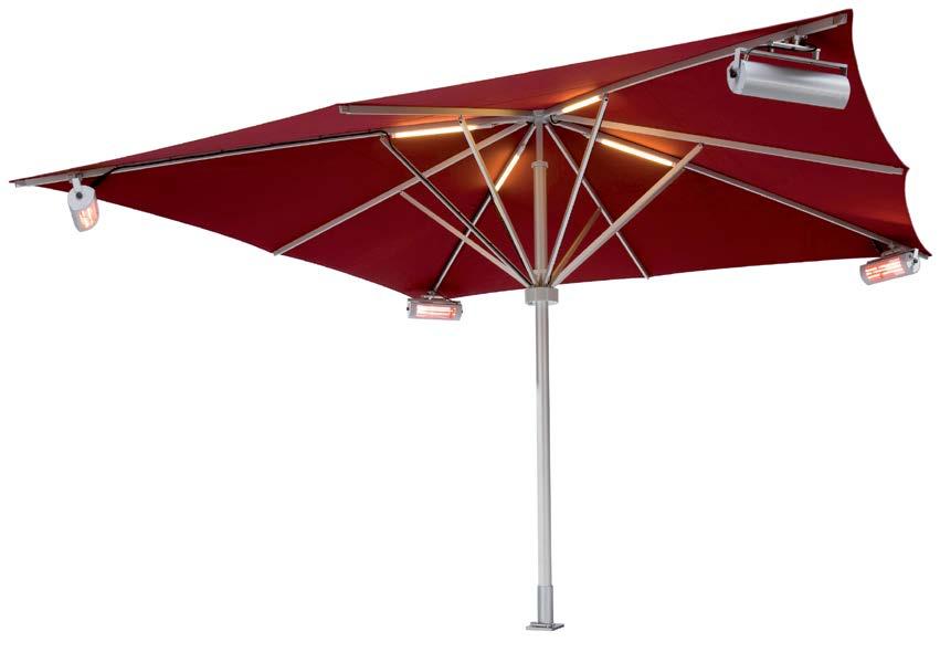 Elektroausstattung Premium-Schirmausrüstung für Terrasse und Raucherzone Ein Schirm bietet Schutz vor Sonne und Regen, das MAY-Premiumpaket kann noch mehr: Ausgestattet mit Beleuchtung und