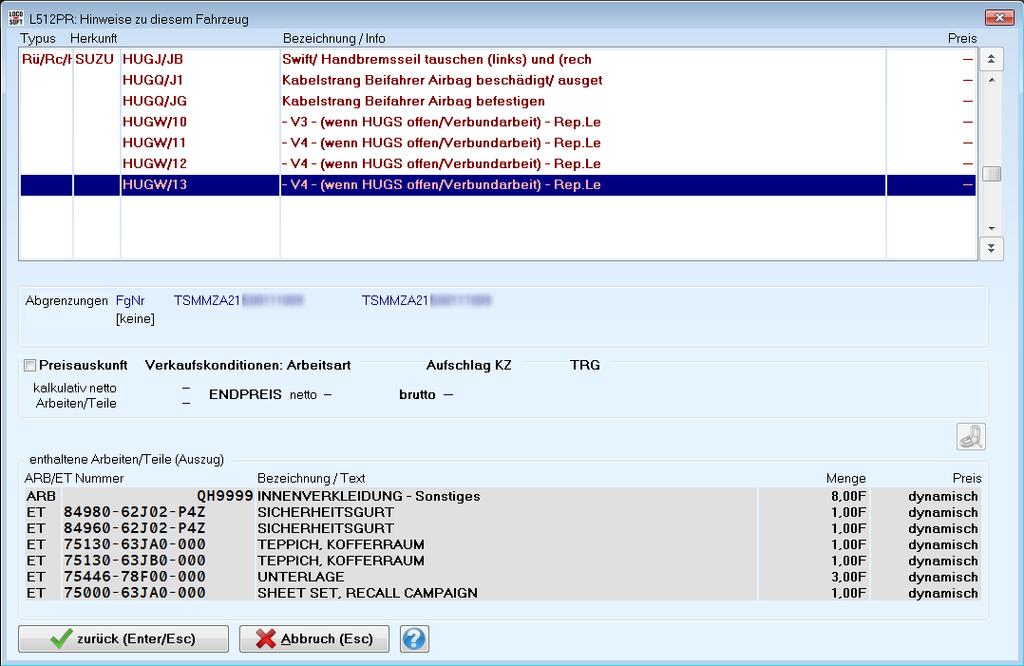 Zur Abfrage klicken Sie auf >OK (Enter)<. Loco-Soft stellt eine Verbingung zum ASAP System her, um offene Rückrufe für das Fahrzeug abzufragen.