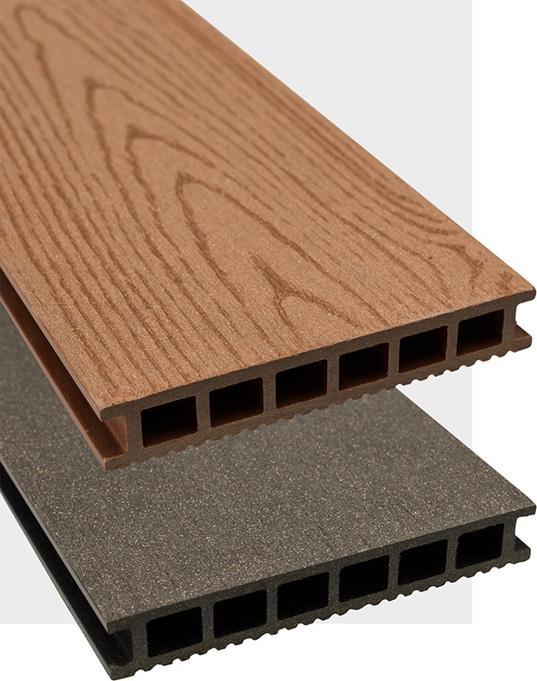 evo Terrassen Produktcharakteristik - Kammerdiele - zweiseitig gebürstet - zwei Oberflächenmodelle: Welle und Trapez -