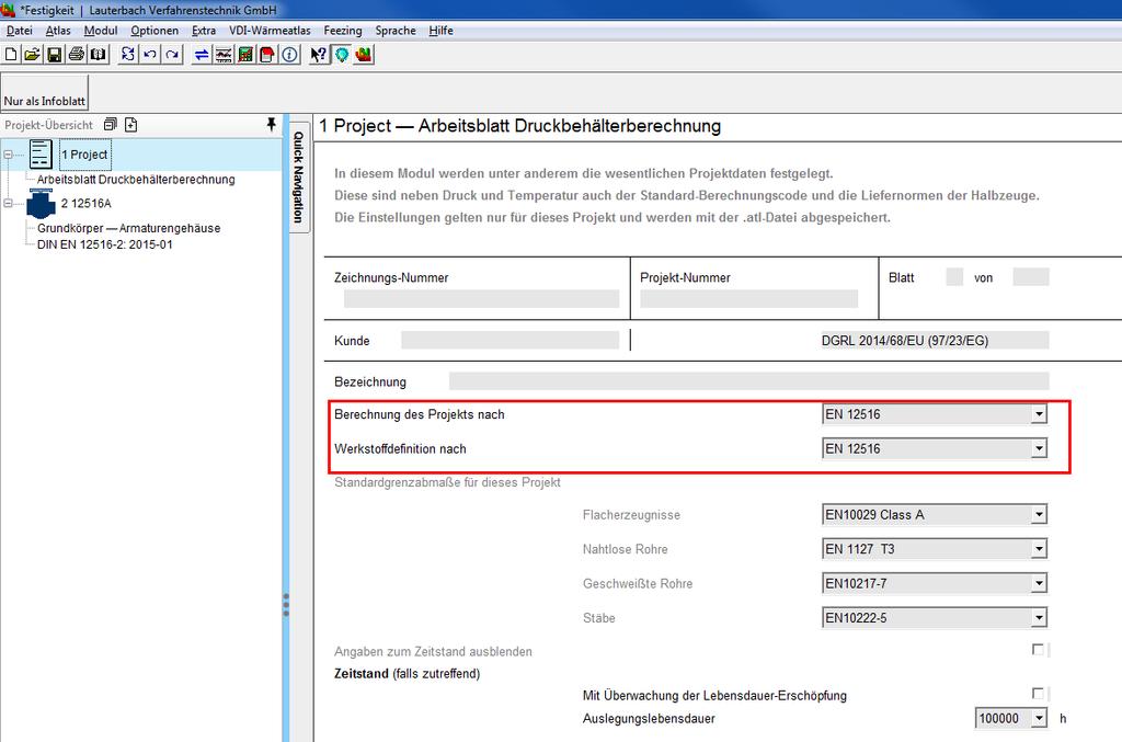 Wählen Sie aus den Optionen für 12516-A die angezeigten Standard-Einstellungen.