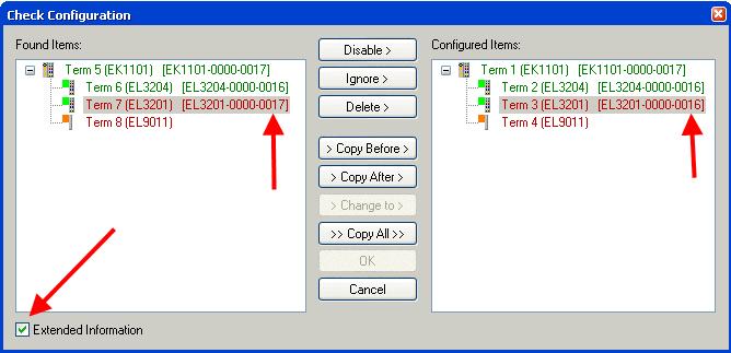 Anhang Abb. 112: Änderungsdialog In diesem Beispiel in Abb. Änderungsdialog. wurde eine EL3201-0000-0017 vorgefunden, während eine EL3201-0000-0016 konfiguriert wurde.