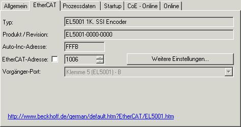 Inbetriebnahme Karteireiter EtherCAT Abb. 94: Karteireiter EtherCAT Typ Product/Revision Auto Inc Adr. EtherCAT Adr.