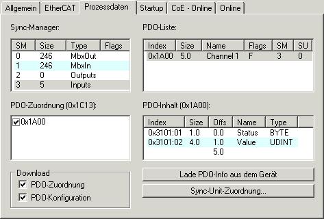 Inbetriebnahme Abb. 95: Karteireiter Prozessdaten Sync-Manager Listet die Konfiguration der Sync-Manager (SM) auf.