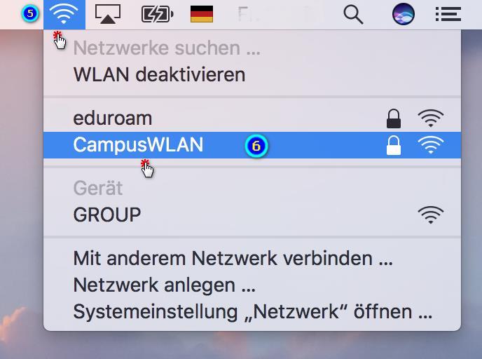 In der Menüleiste WLAN-Netzwerke können Sie nun die WLAN Verbindung, mit der Sie sich verbinden