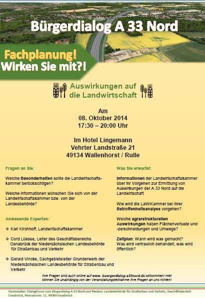 Nächste Dialogelemente Fachveranstaltung Landwirtschaft am 08.10.; Verkehr am 18.11.