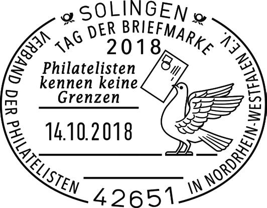 3. PHILATELISTISCHE STEMPEL SONDERSTEMPEL - NEUHEITEN 42651 SOLINGEN - 14.10.2018 Stempelnr.: 19/259 Sonderstempel Tag der Briefmarke 2018 Theater und Konzerthaus, Konrad-Adenauer-Str.