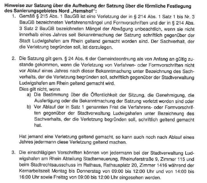 Satzung über die Aufhebung der Satzung über die förmliche Festlegung des Sanierungsgebietes Ortskernerneuerung Oggersheim beschlossen und genehmigt am 02.10.