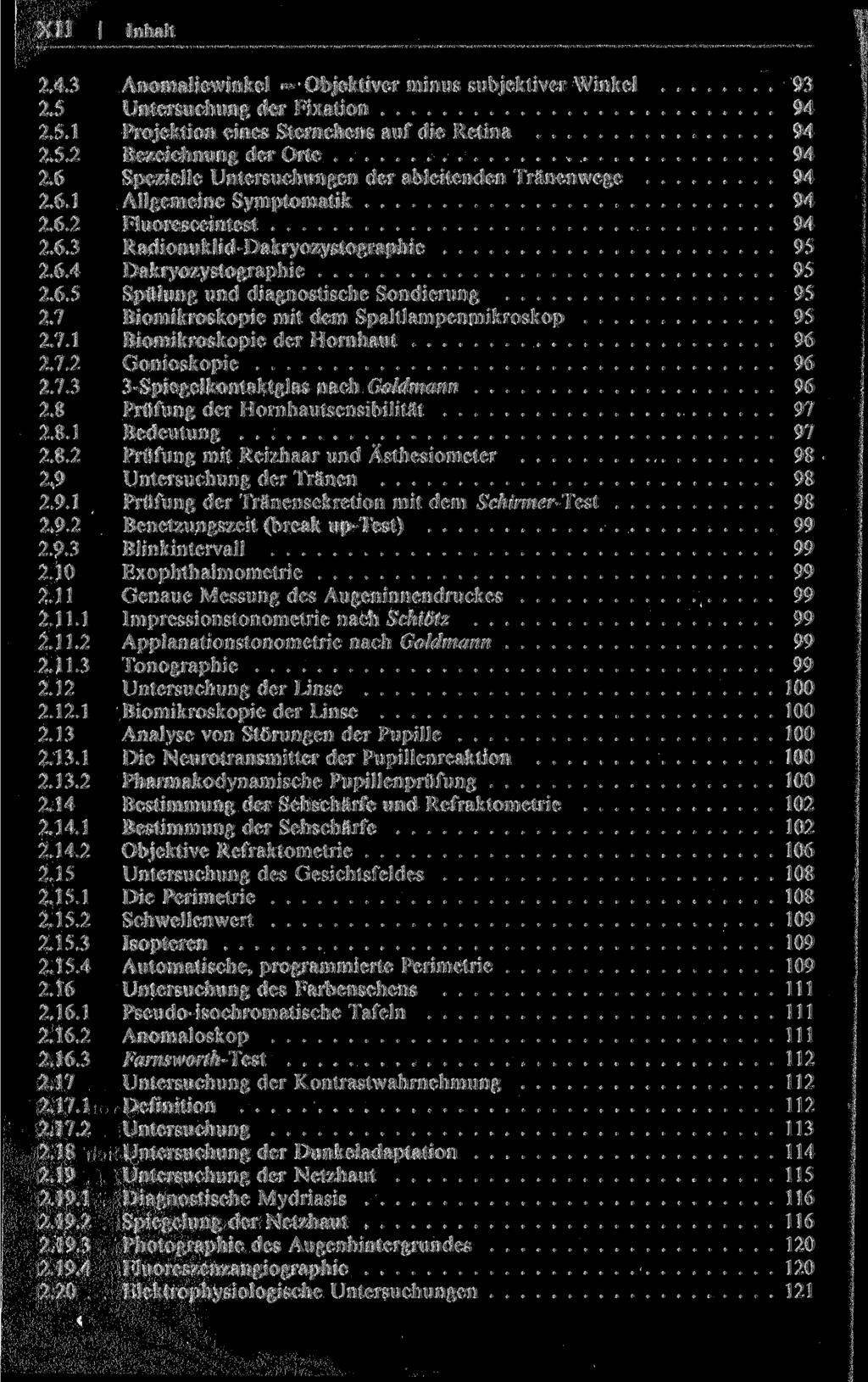 XII I Inhalt 2.4.3 Anomaliewinkel = Objektiver minus subjektiver Winkel 93 2.5 Untersuchung der Fixation 94 2.5.1 Projektion eines Sternchens auf die Retina 94 2.5.2 Bezeichnung der Orte 94 2.