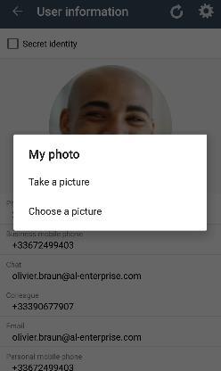I.2.3 Ändern Sie Ihr Foto / Ihren Avatar 1- Öffnen Sie Ihr OpenTouch-Profil (gleitendes Menü). 2- Zeigen Sie Ihre Benutzerinformationen an.