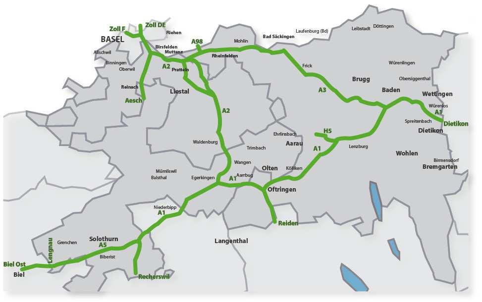 Über uns Kennzahlen Geschichte Versorgungsgebiet Geschäftsleitung Versorgungsgebiet und Strassennetz NSNW Gebietseinheit VIII (Nordwestschweiz)