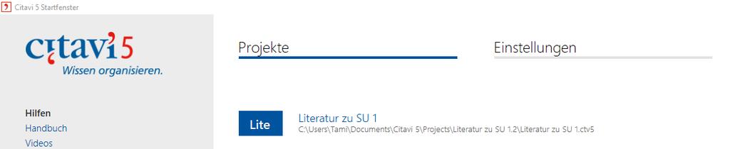 Citavi: Literatur importieren Nach dem Start auf das angelegte Projekt klicken, in diesem Fall