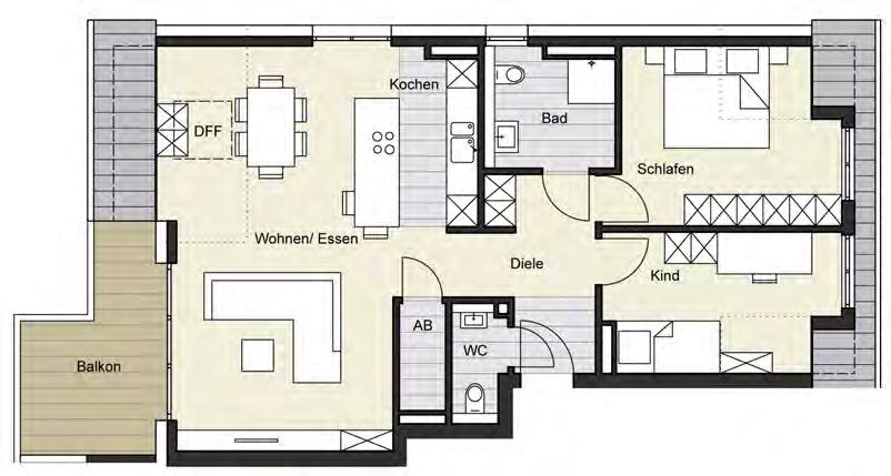 12,60 m² KIND 10,36 m² DUSCHBAD 5,41 m² WC 2,18 m² DIELE 7,94 m²