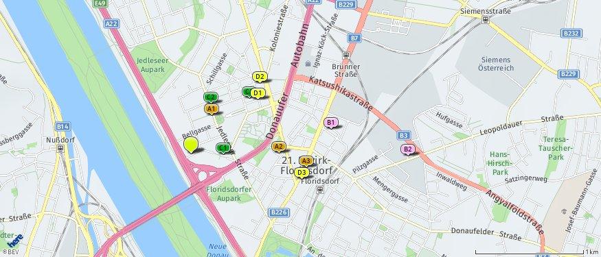 Nahversorger (Bäckerei, Metzgerei, Supermarkt, Drogerie) Der hellgrüne Punkt markiert den Immobilienstandort, die Nahversorger im Umkreis werden mit farblichen Pins angezeigt.