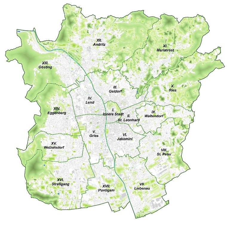 GRAZ 17 Grazer Stadtbezirke - 6 - Graz 127,5 km² 1. Innere Stadt 1,16 km² 2. St. Leonhard 1,83 km² 3. Geidorf 5,50 km² 4. Lend 3,70 km² 5. Gries 5,05 km² 6. Jakomini 4,06 km² 7. Liebenau 7,99 km² 8.