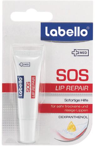 + + Labello SOS Lip Repair Labello SOS ist ein transparentes, schnelleinziehendes Wundheilbalsam, das einem Schutzfilm auf der Haut hinterlässt, die Lippen kühlt, sie regeneriert und zart pflegt.