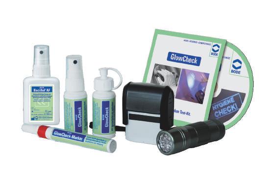 Effektivität des Reinigungsdienstes Hoher Grad an erzieherischer Wirkung Das GlowCheck-Testkit besteht aus UV-Spezialfarbe als