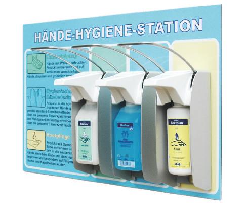 von Hände-Desinfektionsmitteln, Wasch- und Pflegelotionen in 350/500 ml Ausführung.