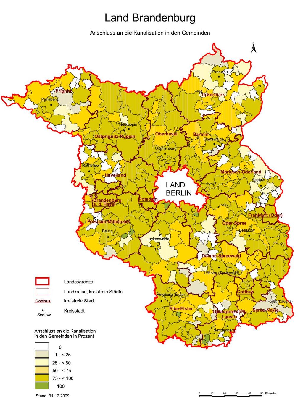 Abb. 9: Landesübersicht über den Anschluss an die zentrale Abwasserentsorgung durch Kanalisation in den Gemeinden Brandenburgs