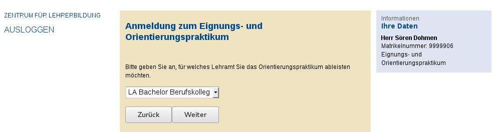 Nun musst du deine Lehramtsform wählen, für die du an der Universität Duisburg-Essen immatrikuliert bist.