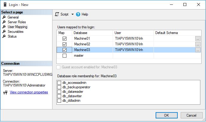 Siemens AG 208 All rights reserved 3 Konfig. 2, Zugriff auf den SQL Server 5. Seite "User Mapping" Legen Sie hier fest, auf welche Datenbank der User "hh" zugreifen" darf.